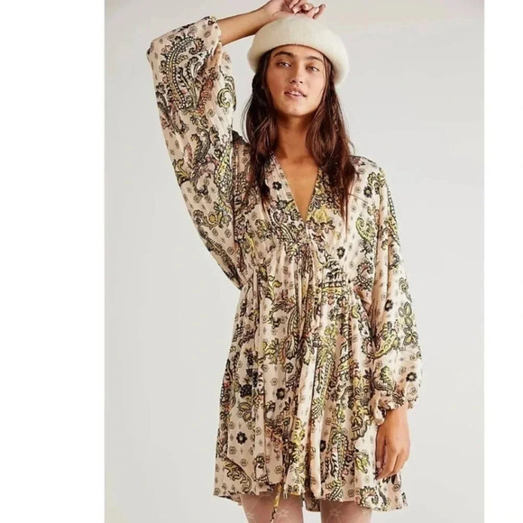 New Free People Arzel Mini Dress Long Sleeve Printed Tunic in Tea Combo XS - Picture 16 of 16